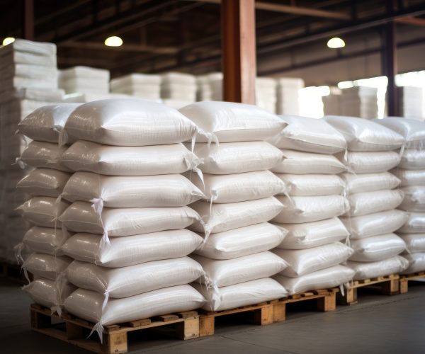 Rows of big white sacks at large warehouse in modern factory.