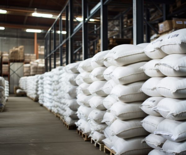 Rows of big white sacks at large warehouse in modern factory.
