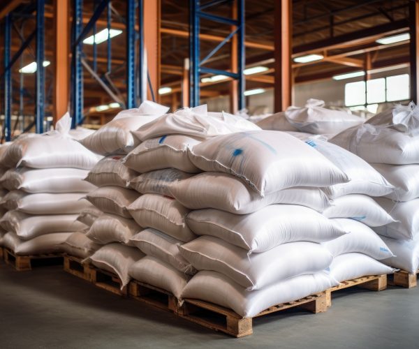 Rows of big white sacks at large warehouse in modern factory.