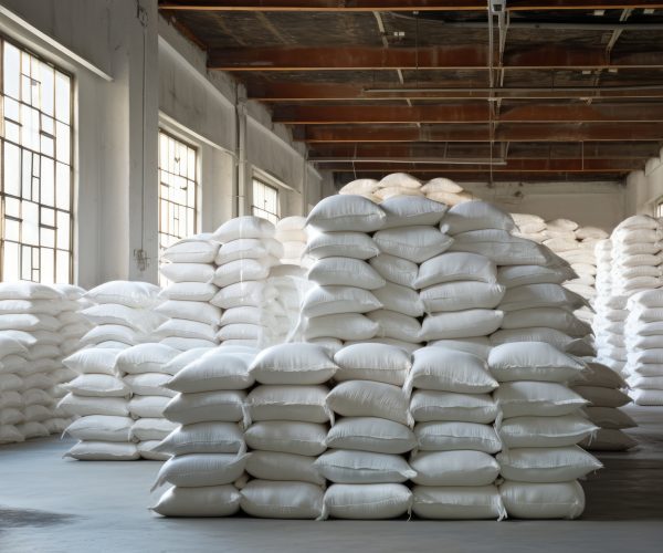 Rows of big white sacks at large warehouse in modern factory.